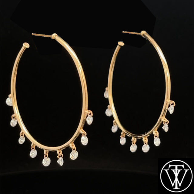 Large 14k Yellow Gold and Diamond Hoops