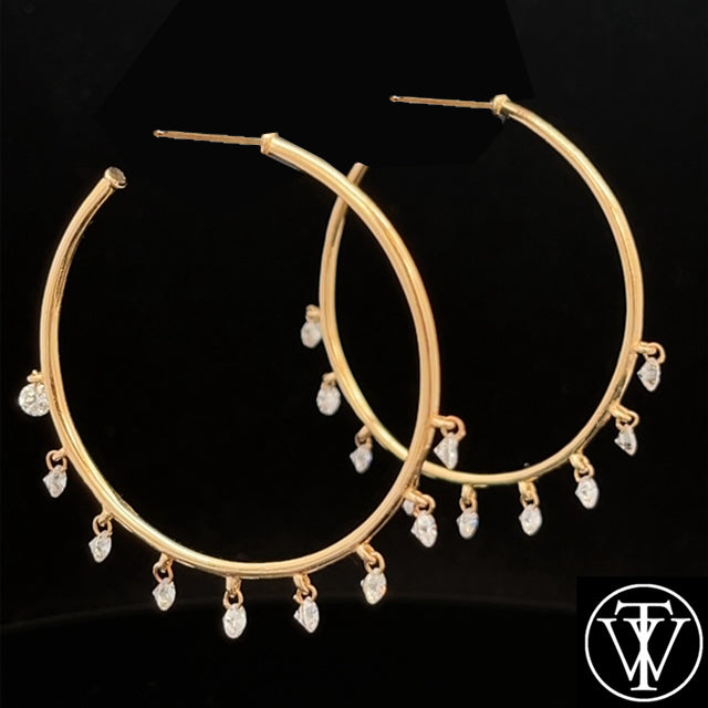Large 14k Yellow Gold and Diamond Hoops
