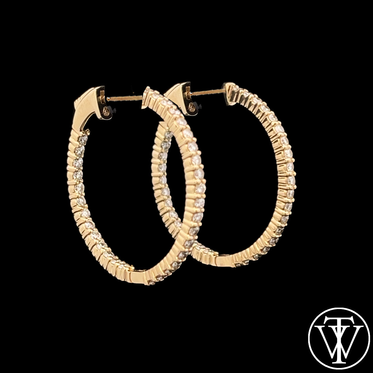 Angled Side View of Medium 14K Yellow Gold Diamond Hoops