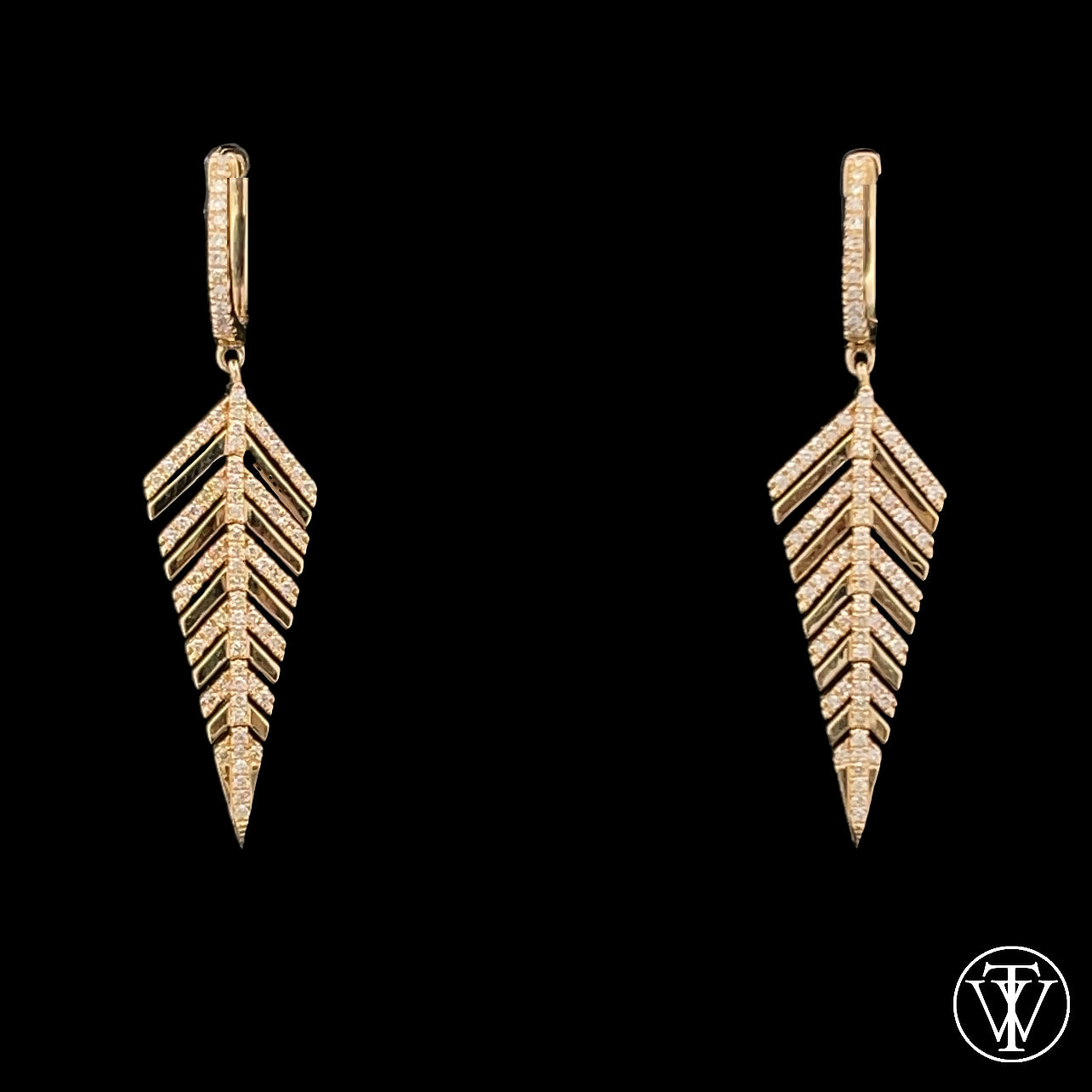 14k Yellow Gold Diamond Feather Drop Earrings