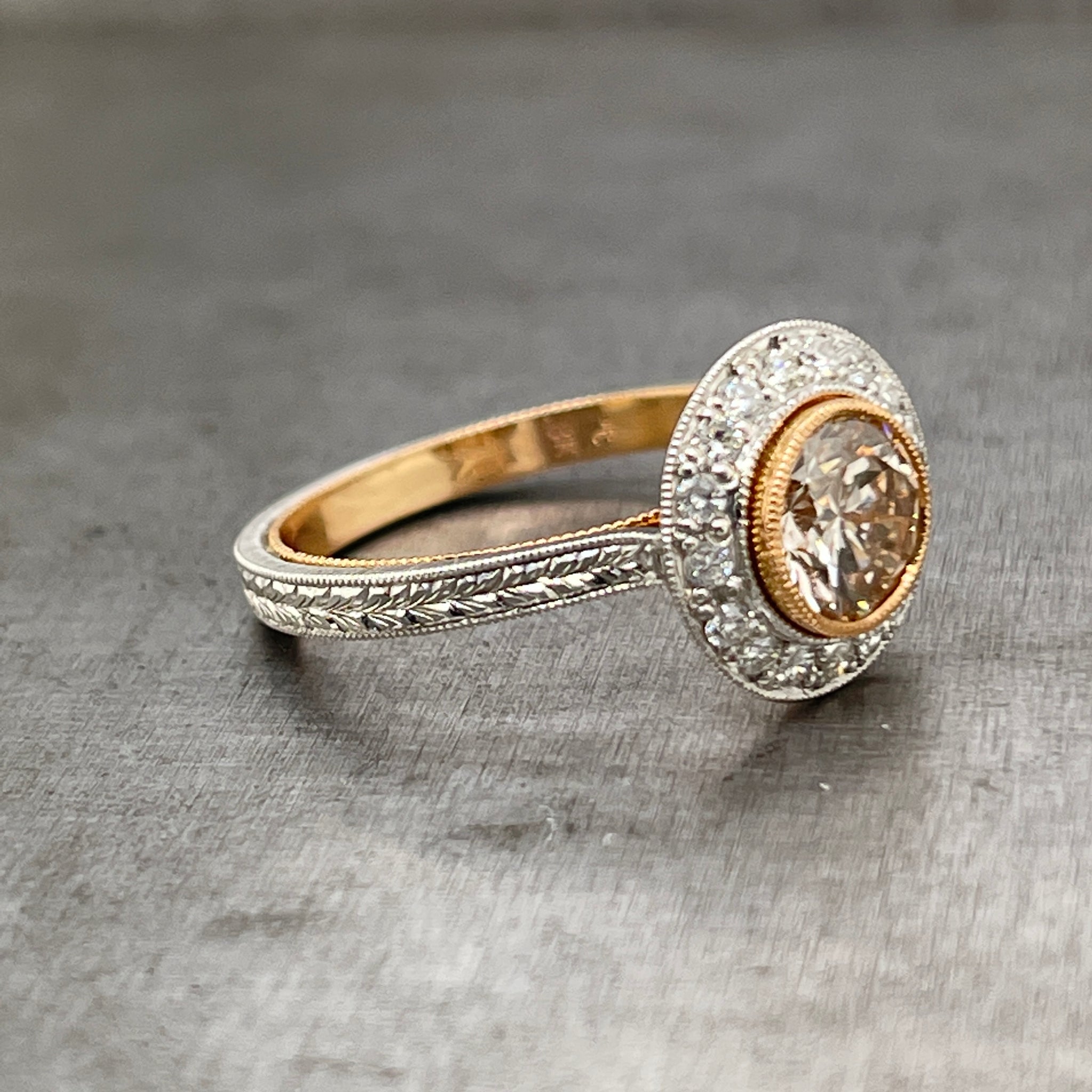 Angled View of 18k Rose Gold and Platinum Champagne Diamond Ring