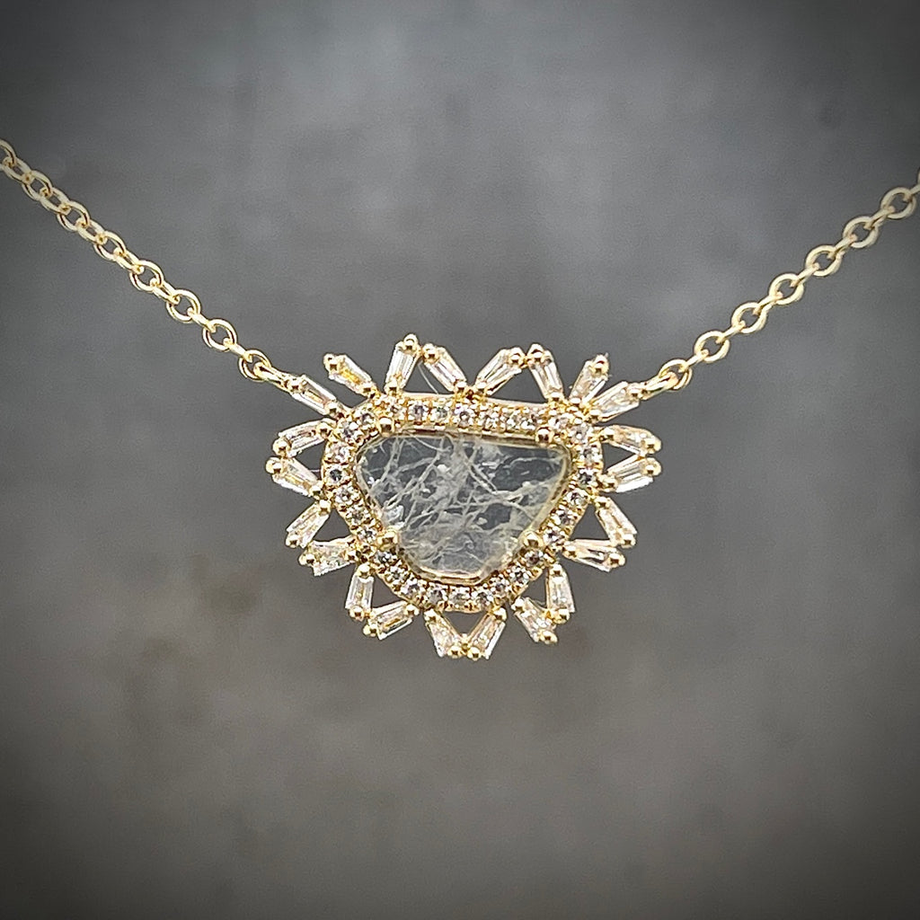 Front View of 14k Yellow Gold Diamond Slice Halo Necklace