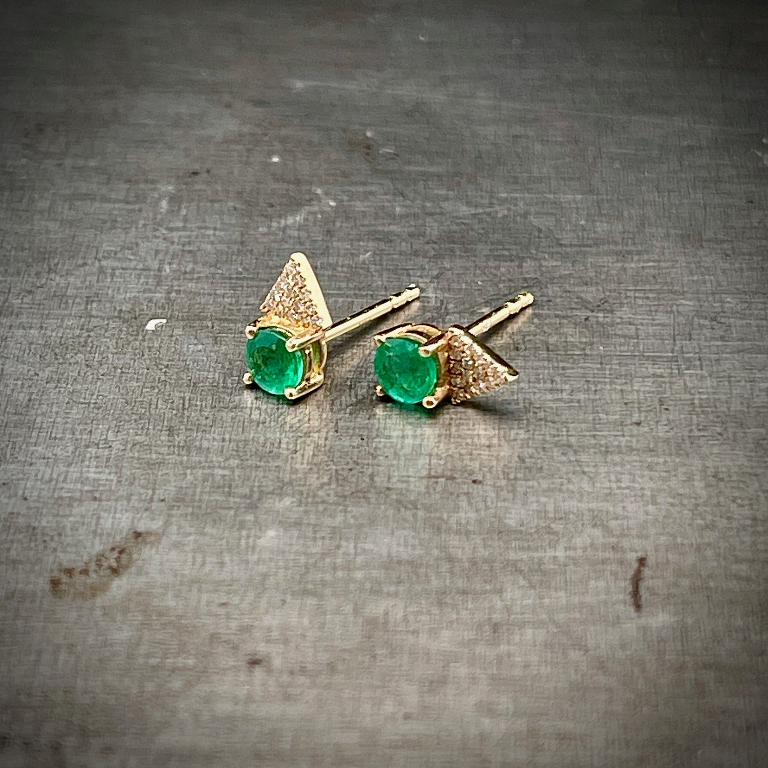 Angled Side View of Emerald and Diamond Yellow Gold Studs