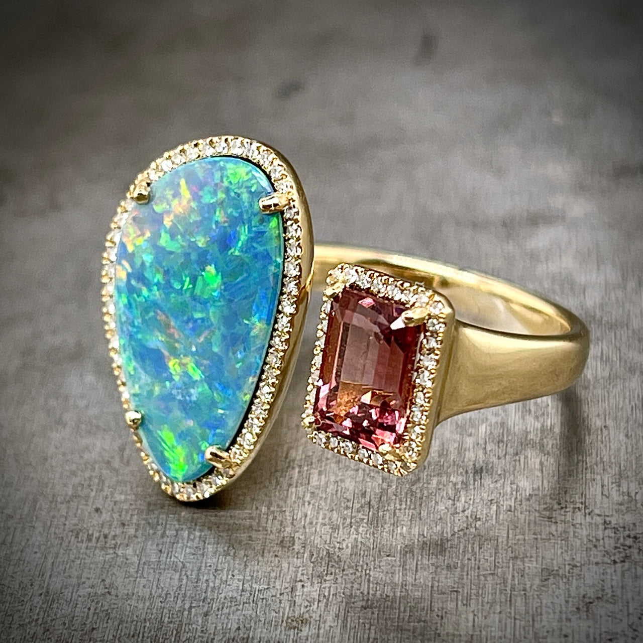 Angled view of 14k Opal and Pink Tourmaline Negative Space Ring