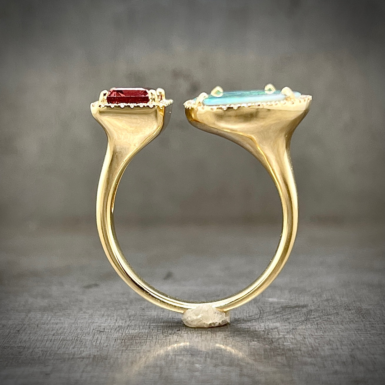 Side Profile of 14k Opal and Pink Tourmaline Negative Space Ring