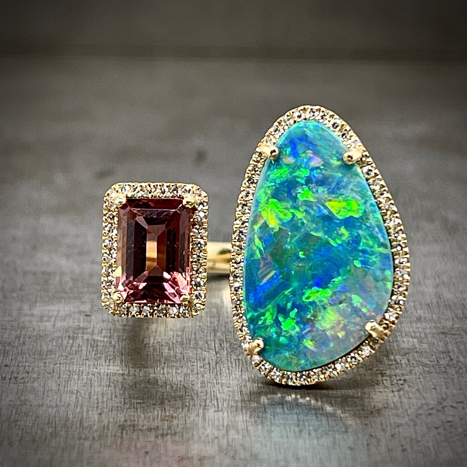 Front View of 14k Opal and Pink Tourmaline Negative Space Ring