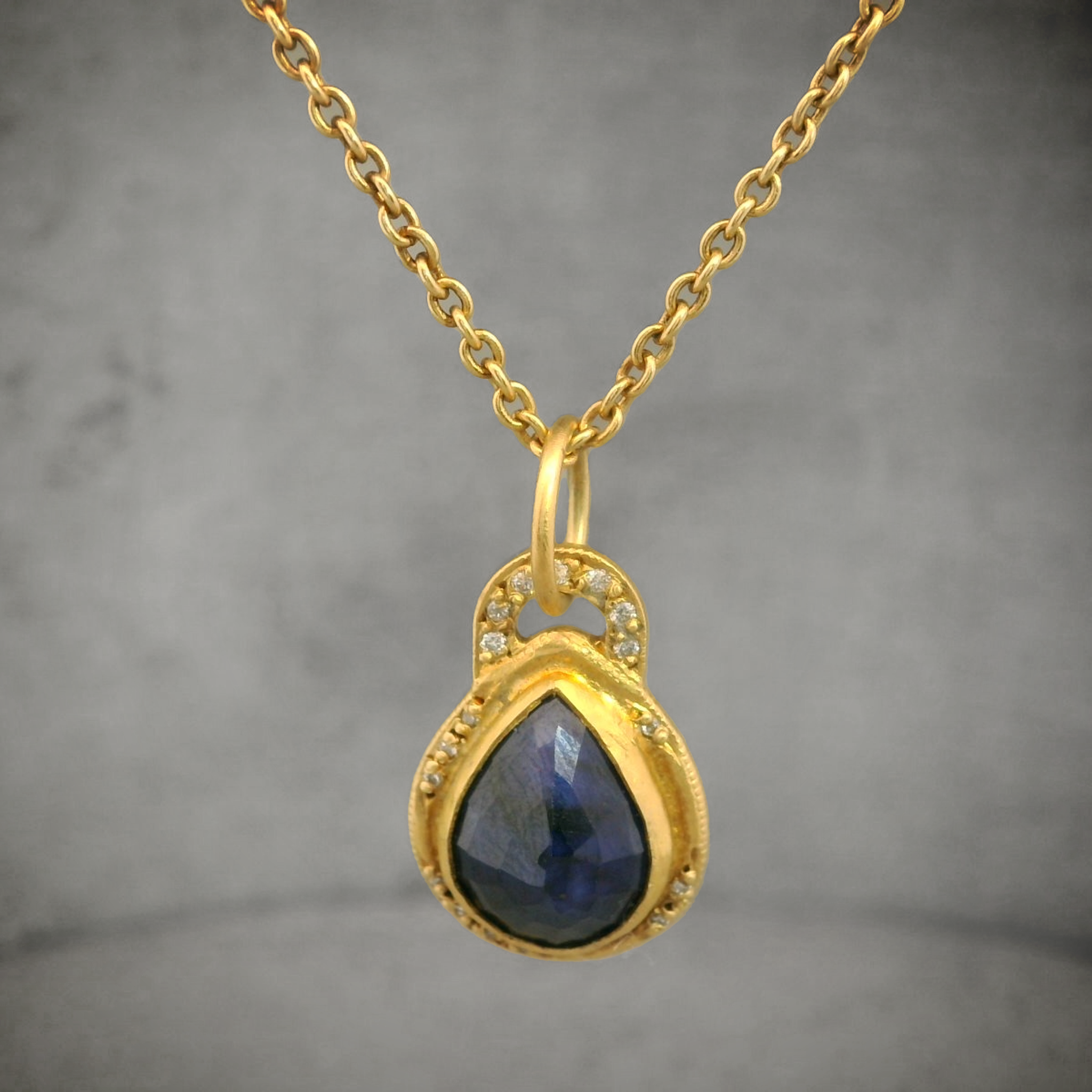 Deep Blue Sapphire and Diamond 24k Gold and Oxidized Silver Necklace