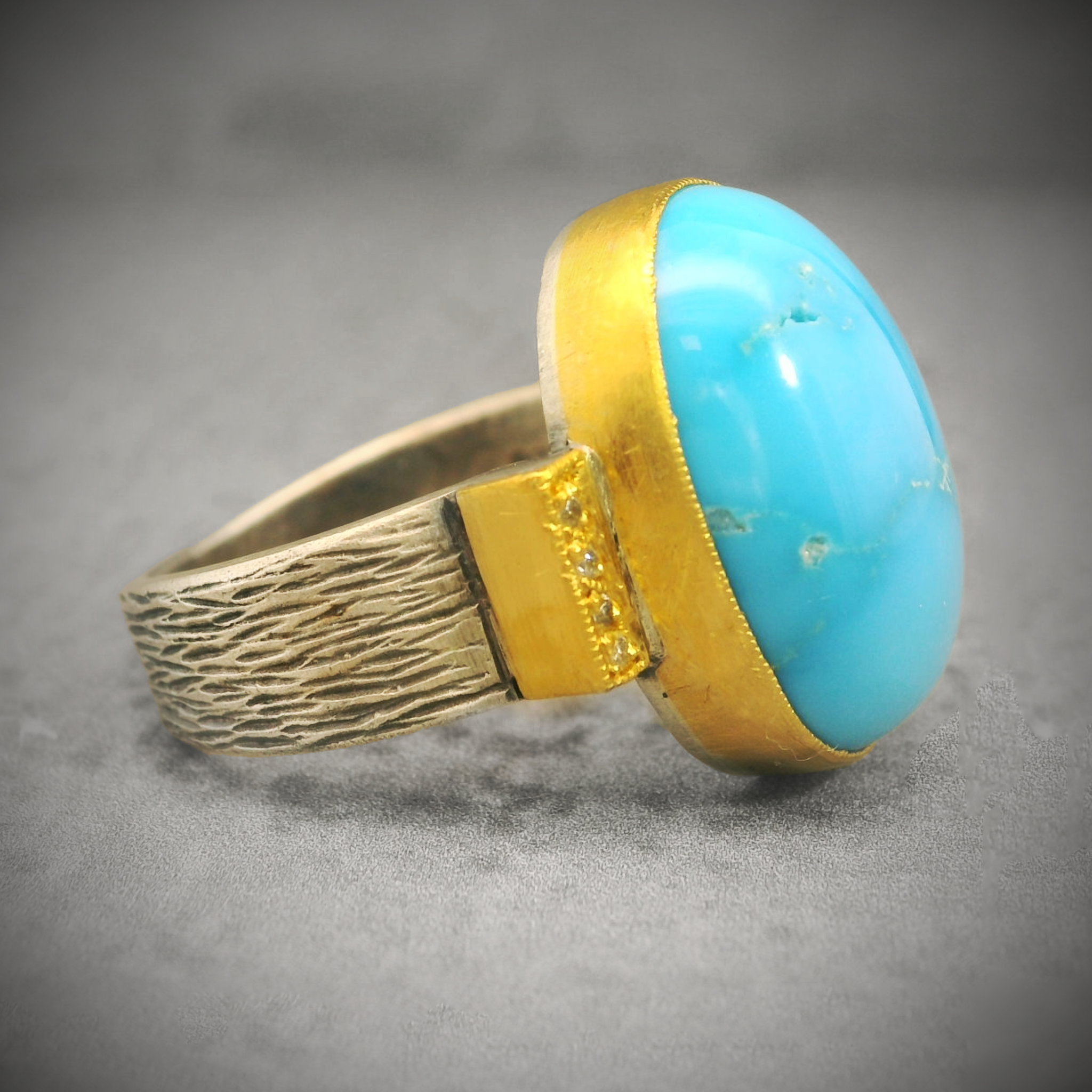 Oxidized Silver 22K Gold and Turquoise Statement Ring