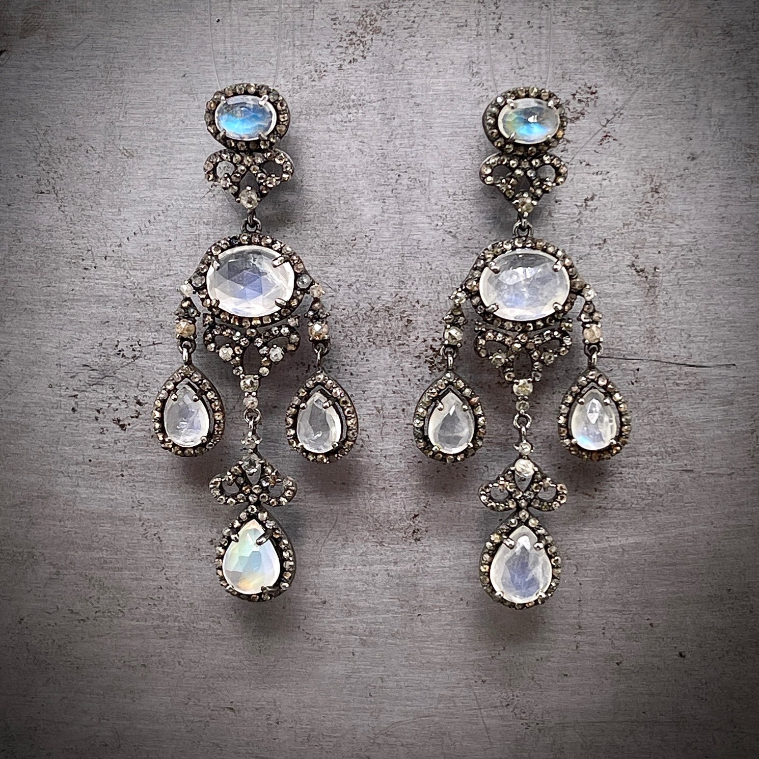 Oxidized Sterling Silver Frontal View of Diamond Moonstone Chandelier Earrings