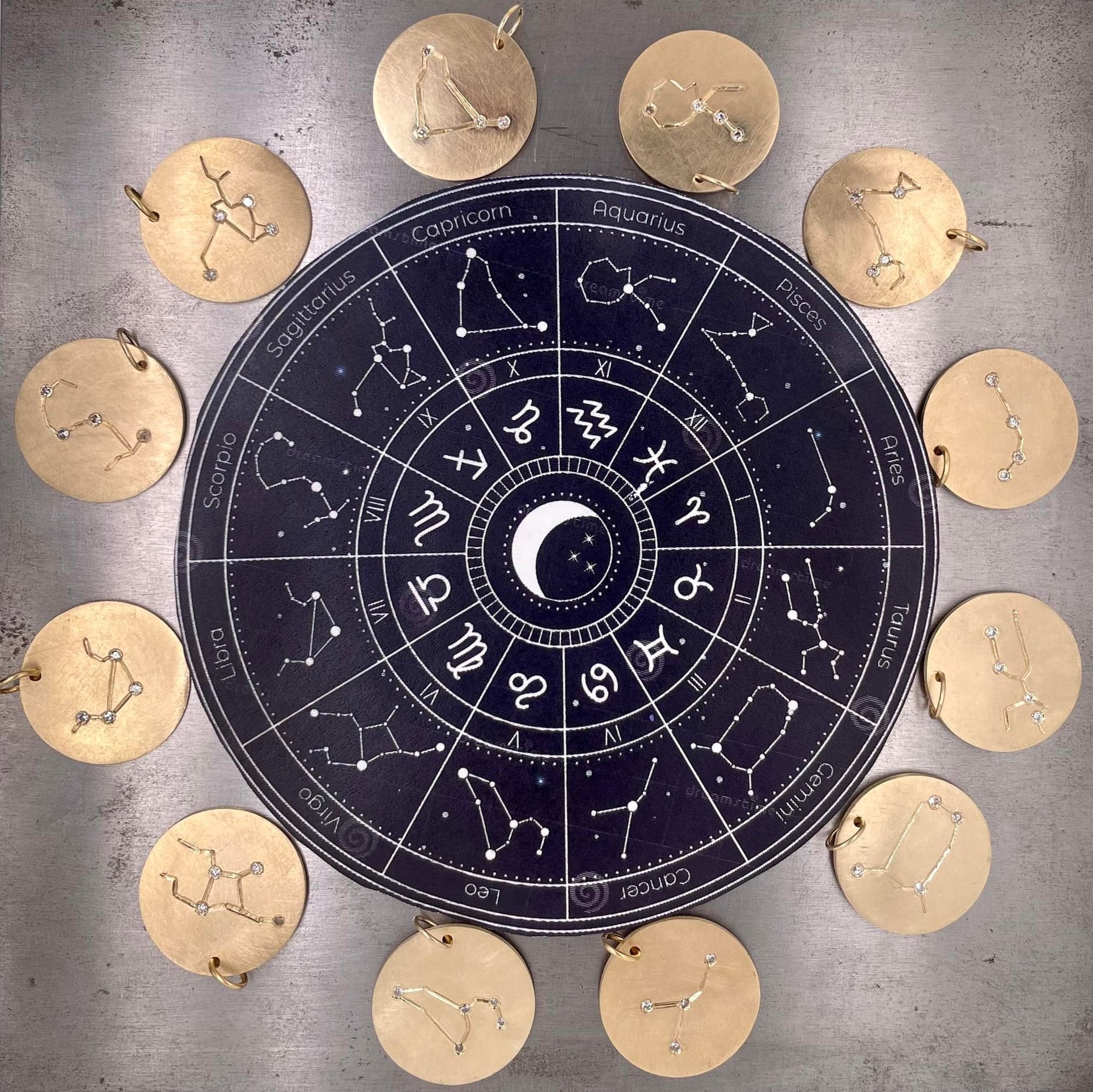 Full image of 12 zodiac pendants that surround a dial of paper that outlines each zodiac symbol.