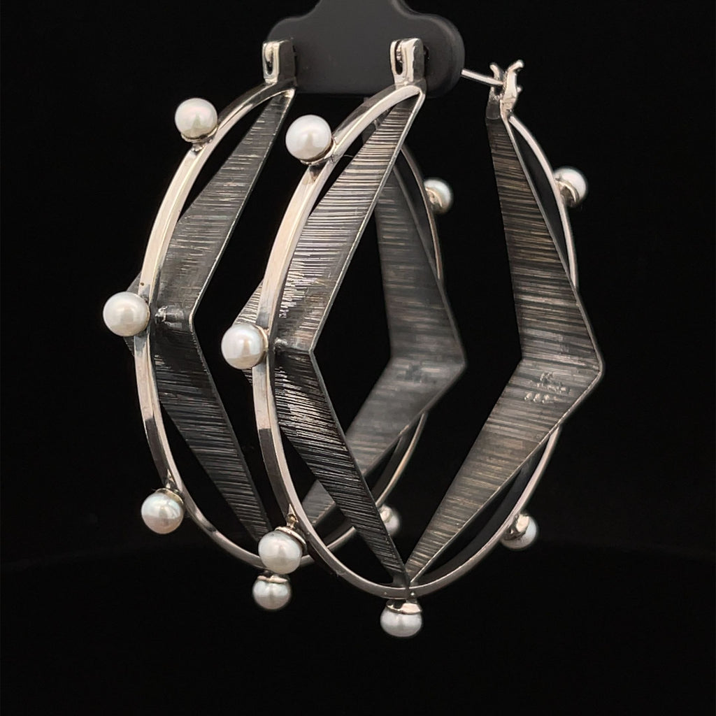 Oxidized Sterling Silver and Pearl Abstract Textured Hoops 2"
