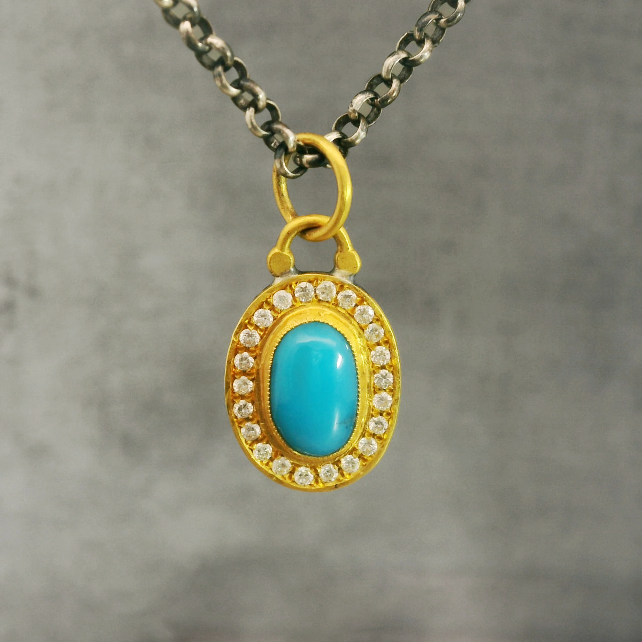 24K, Diamond and Turquoise Oval Pendant