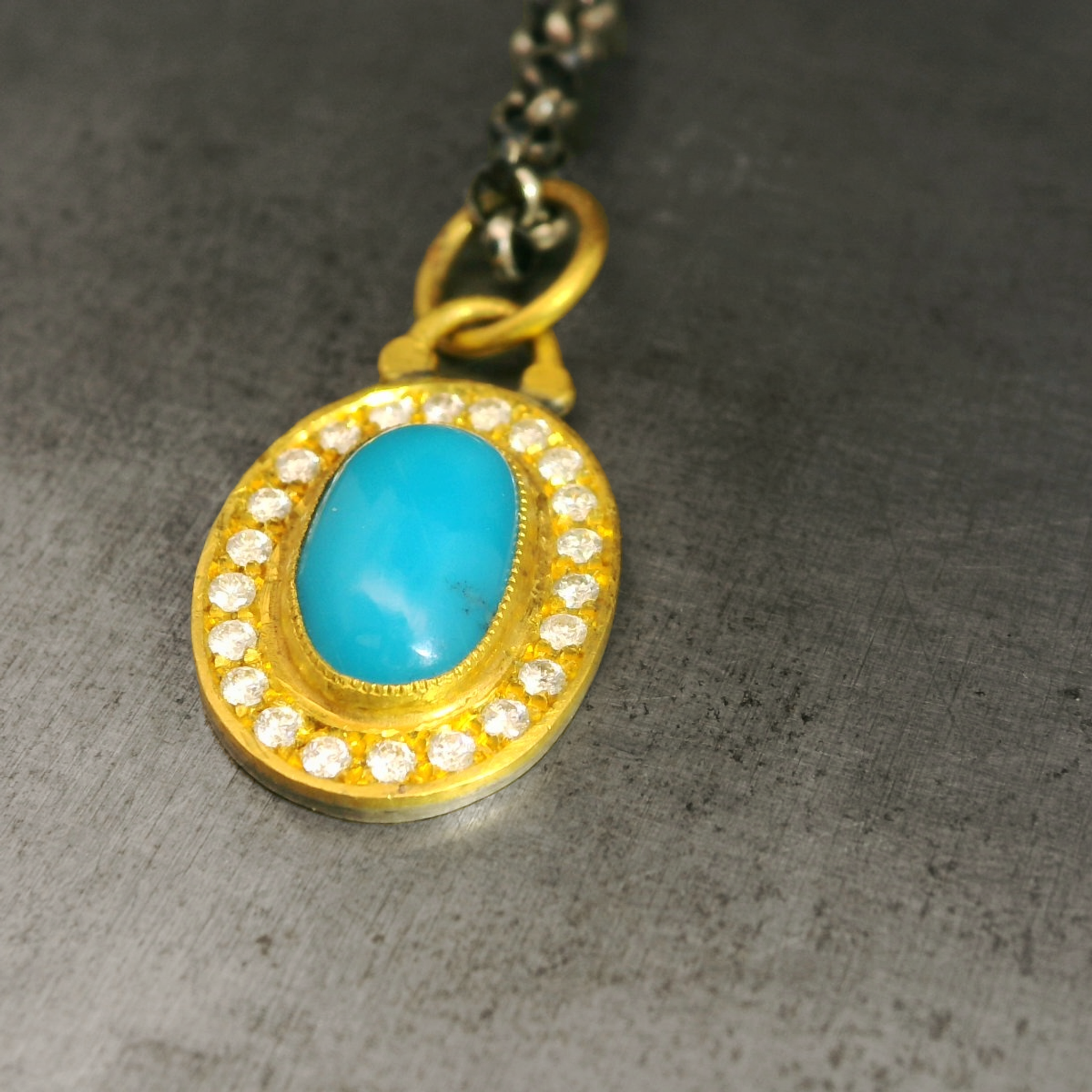 24K, Diamond and Turquoise Oval Pendant