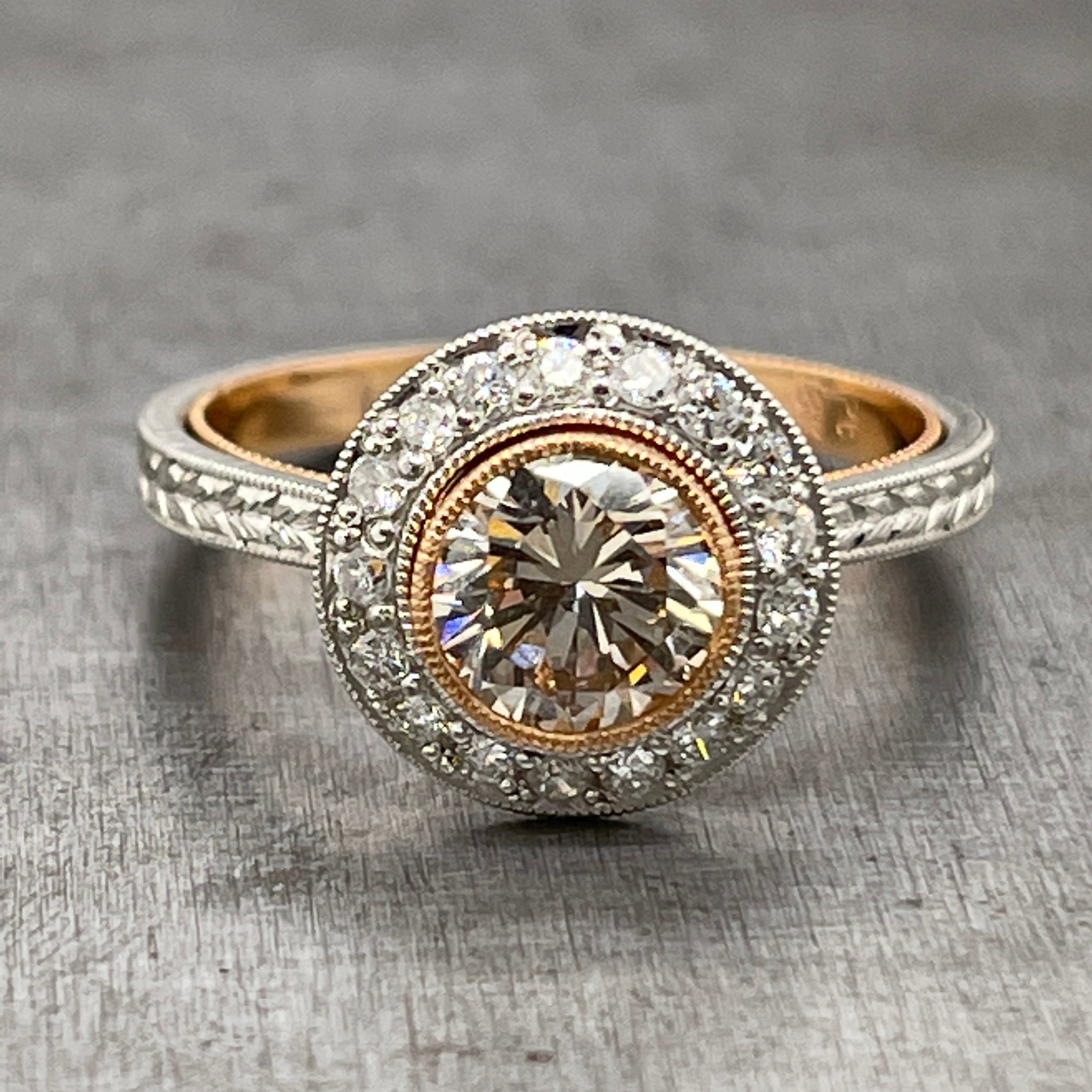 Front View of 18k Rose Gold and Platinum Champagne Diamond Ring