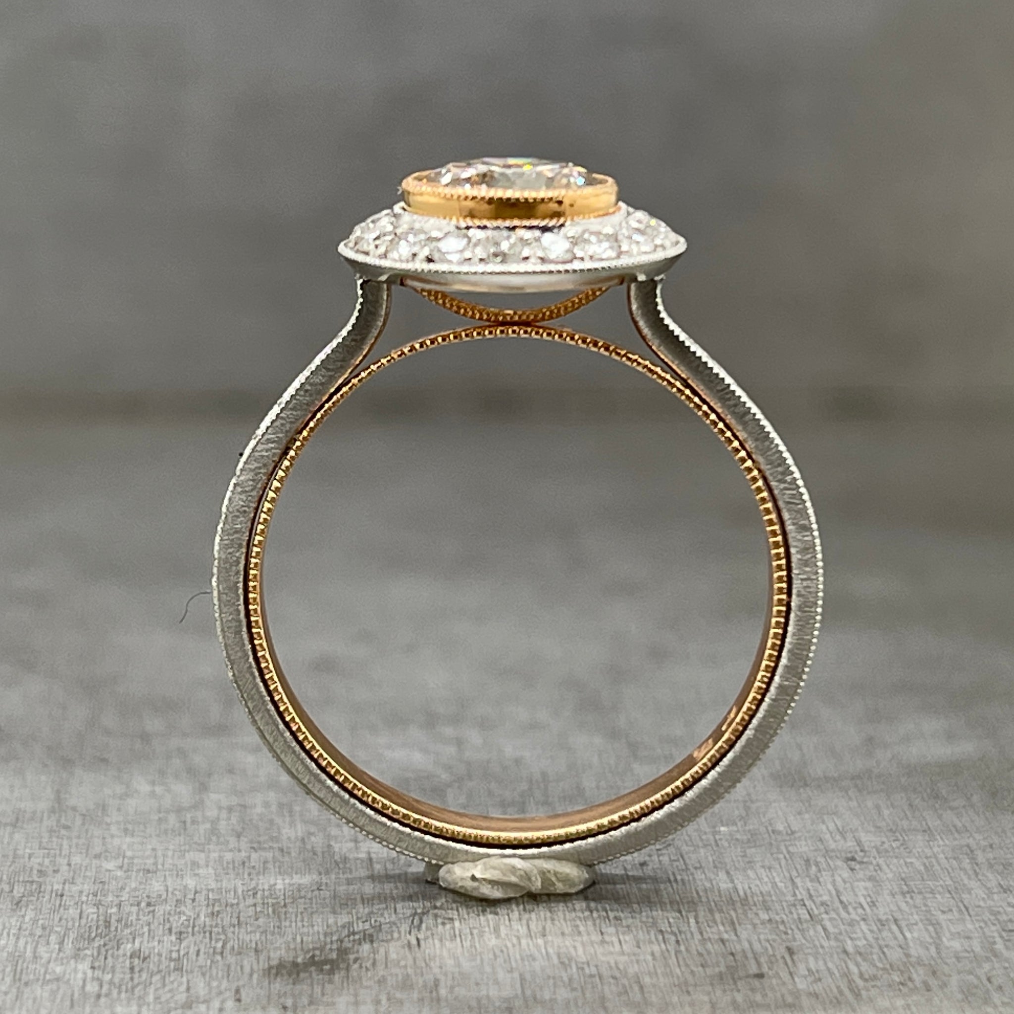 Front View of 18k Rose Gold and Platinum Champagne Diamond Ring Profile