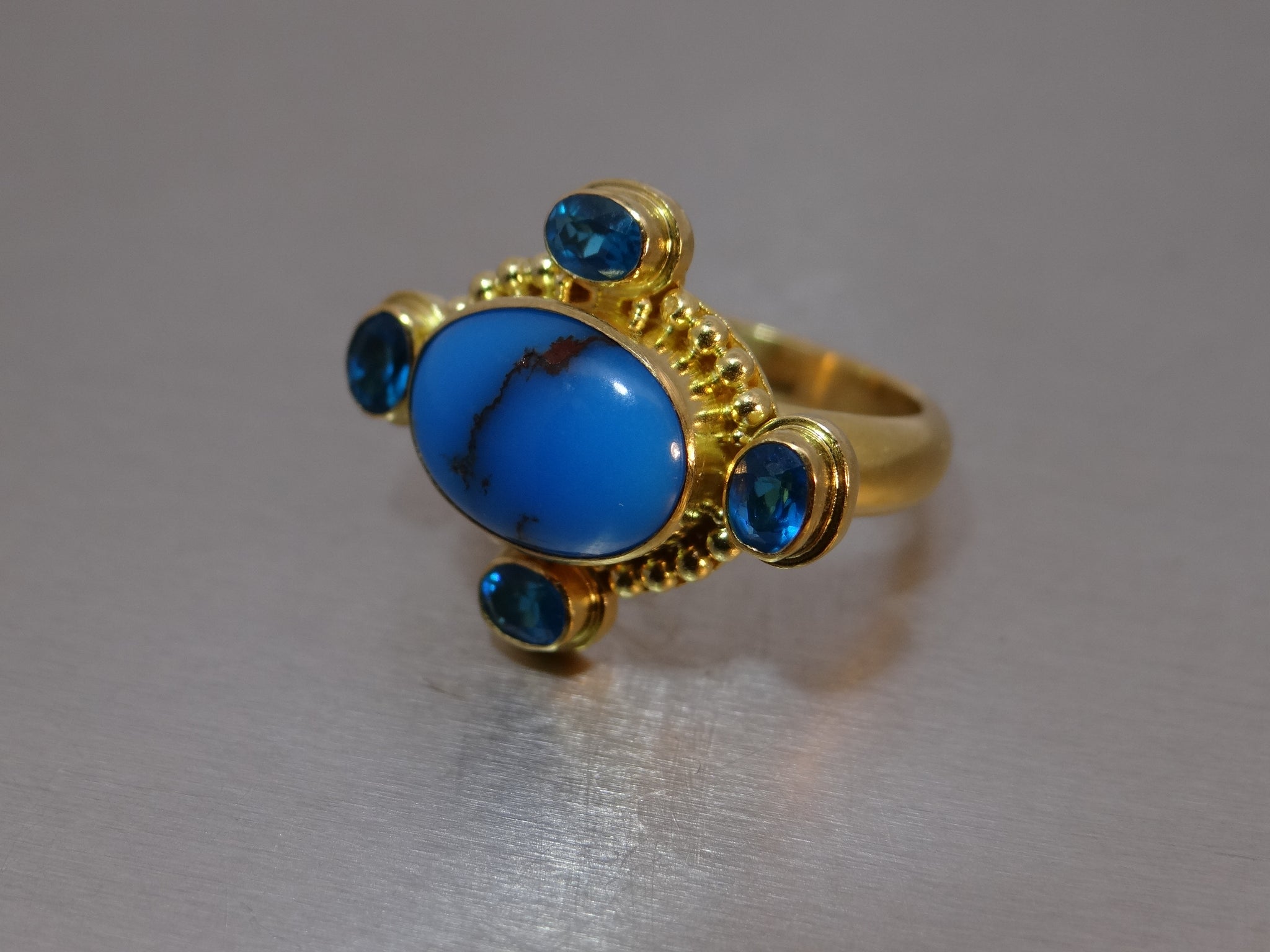Turquoise and Blue Zircon Gold Ring