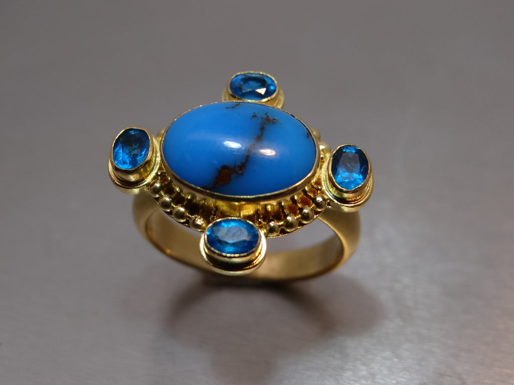 Turquoise and Blue Zircon Gold Ring