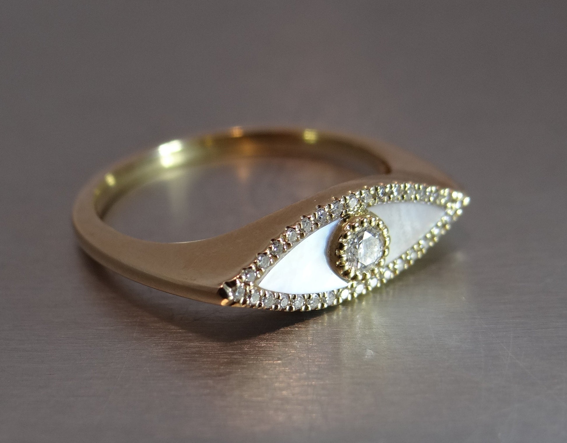 Mother Of Pearl Evil Eye Ring with Diamond Accents