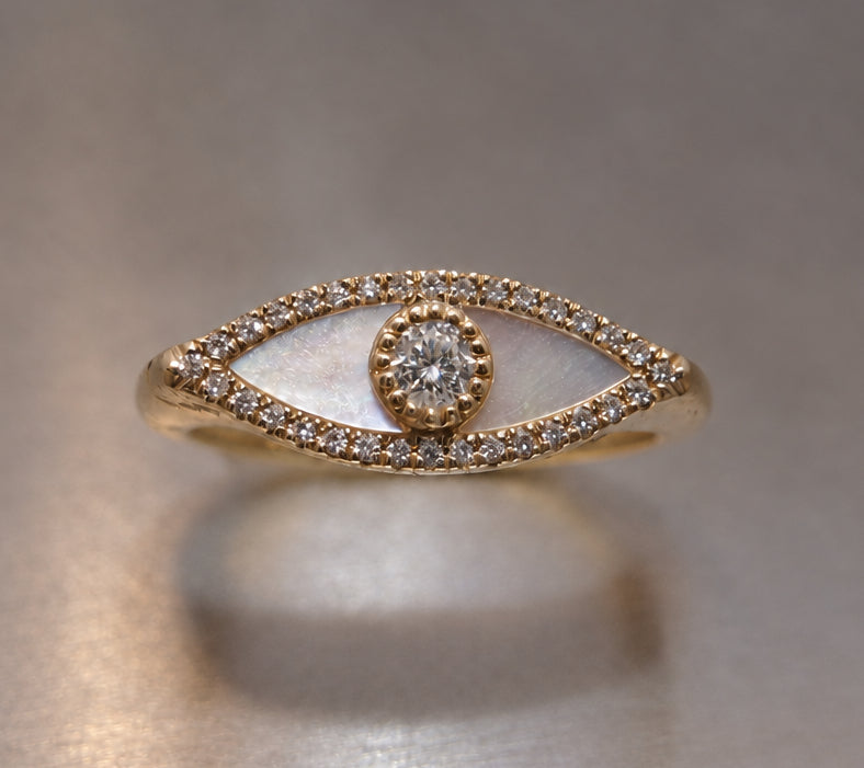 Mother Of Pearl Evil Eye Ring with Diamond Accents