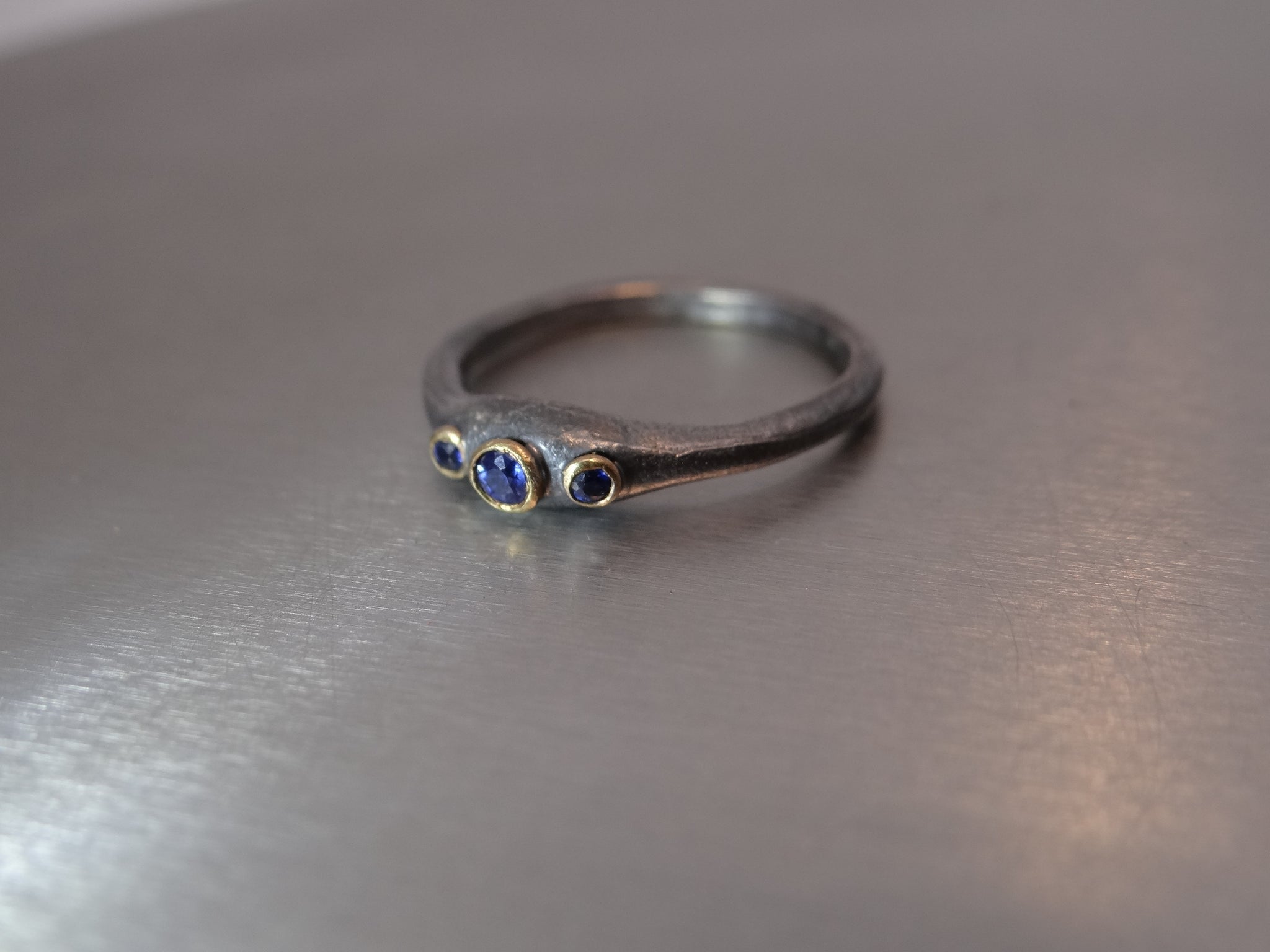3 stone Sapphire ring - Oxidized Sterling Silver with 24KY accents