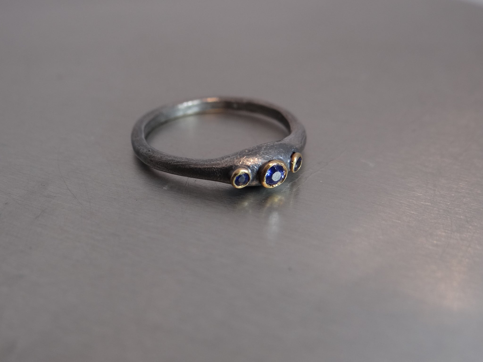 3 stone Sapphire ring - Oxidized Sterling Silver with 24KY accents