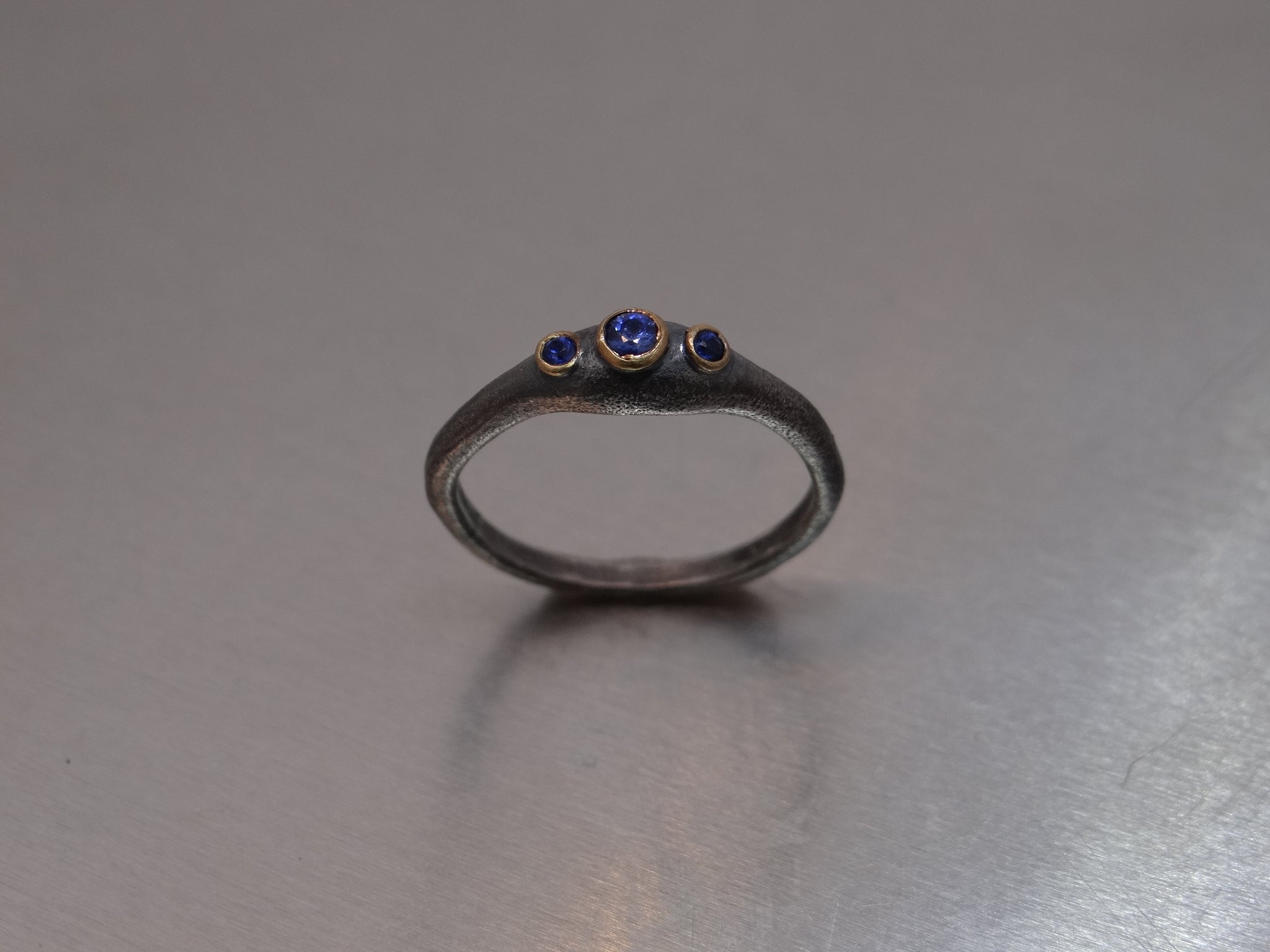 3 stone Sapphire ring - Oxidized Sterling Silver with 24KY accents
