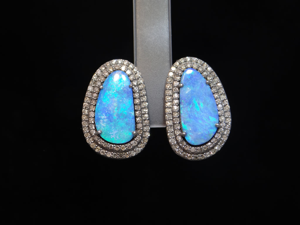 Opal Earrings with Champagne Diamond Halos