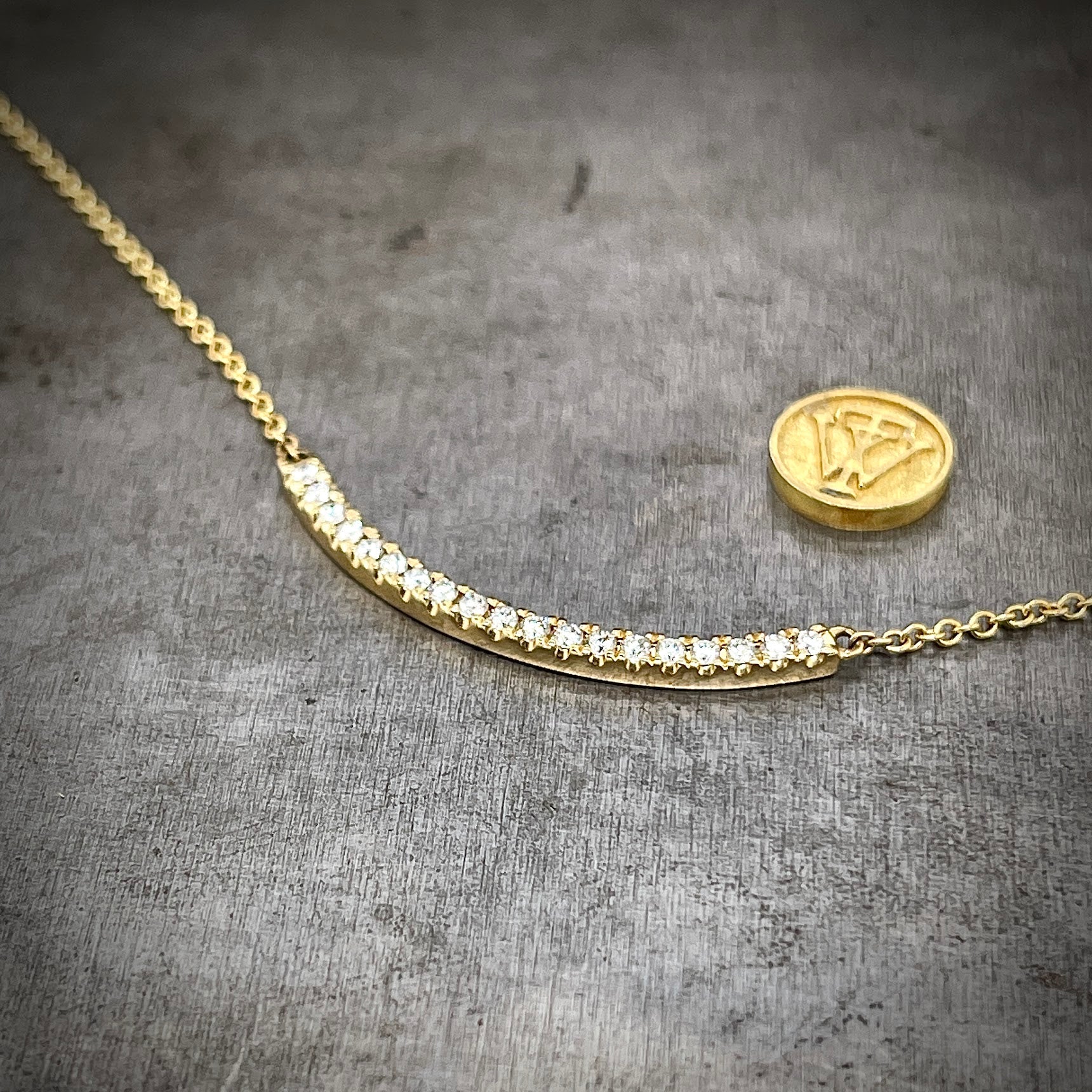 Curved Diamond Yellow Gold Bar Necklace