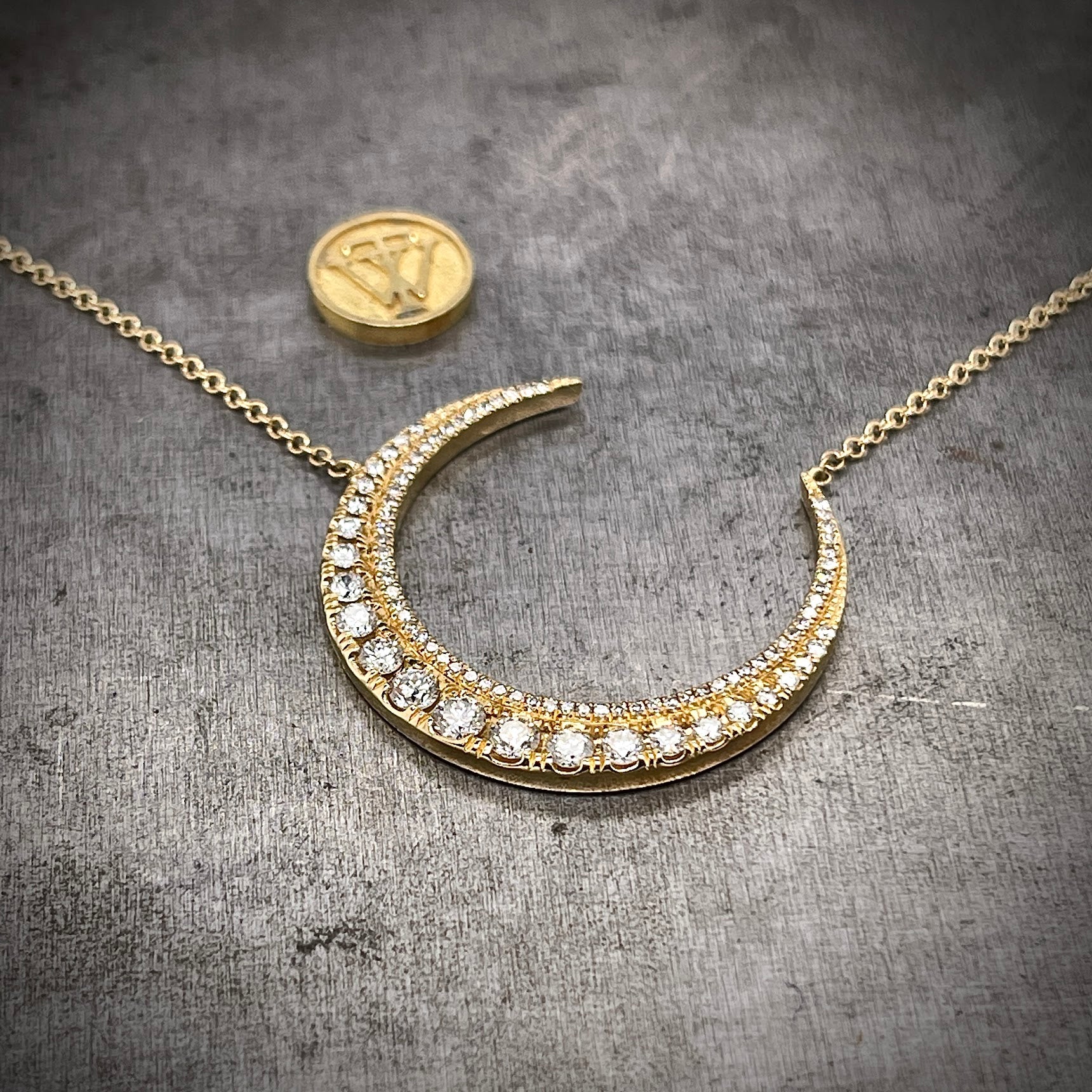 Angled View of Yellow Gold and Diamond Crescent Moon Necklace
