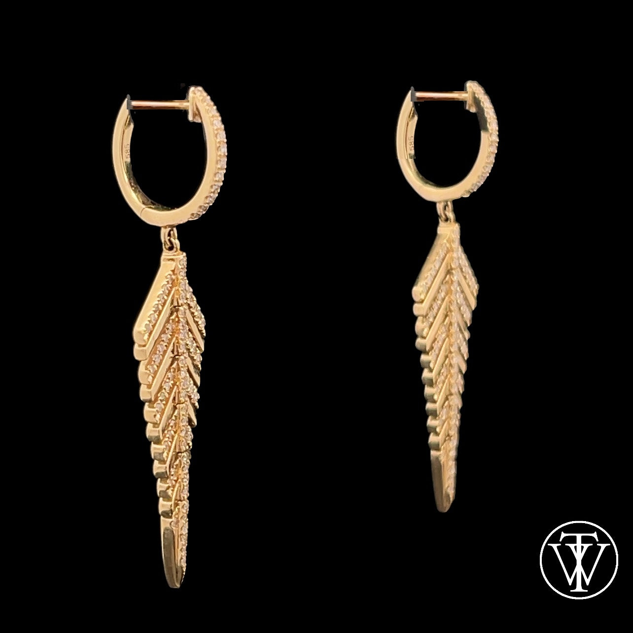 14k Yellow Gold Diamond Feather Drop Earrings