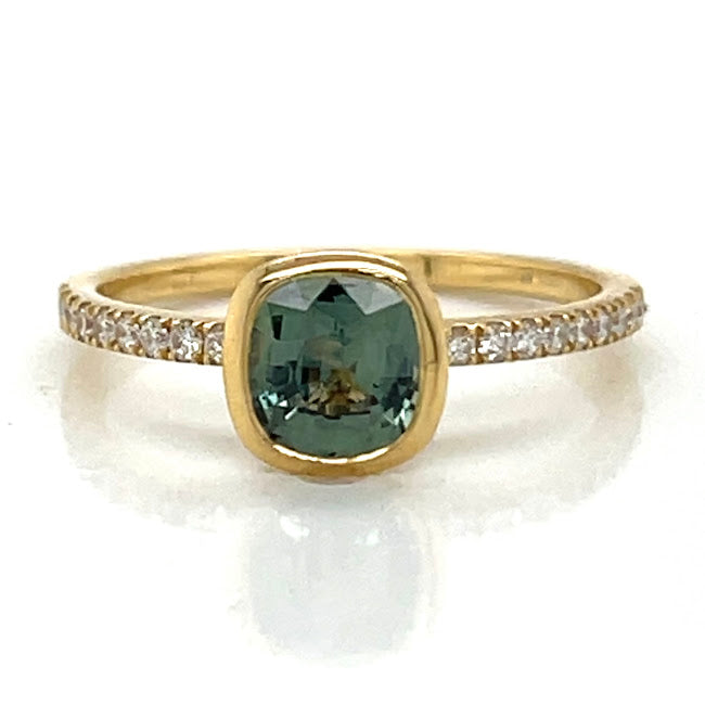 Blue-Green Sapphire Yellow Gold and Diamond Ring