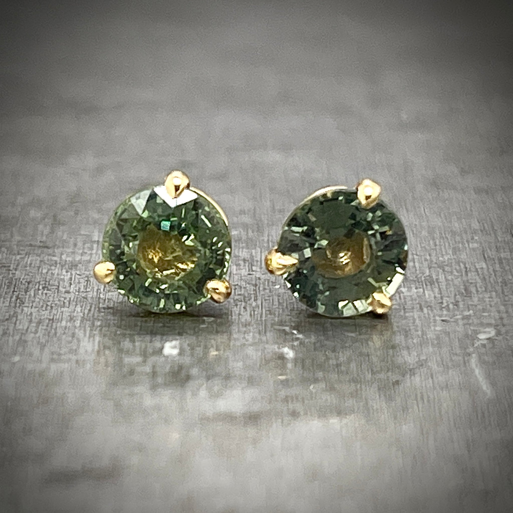 Front View of 14K Yellow Gold Green Sapphire Stud Earrings