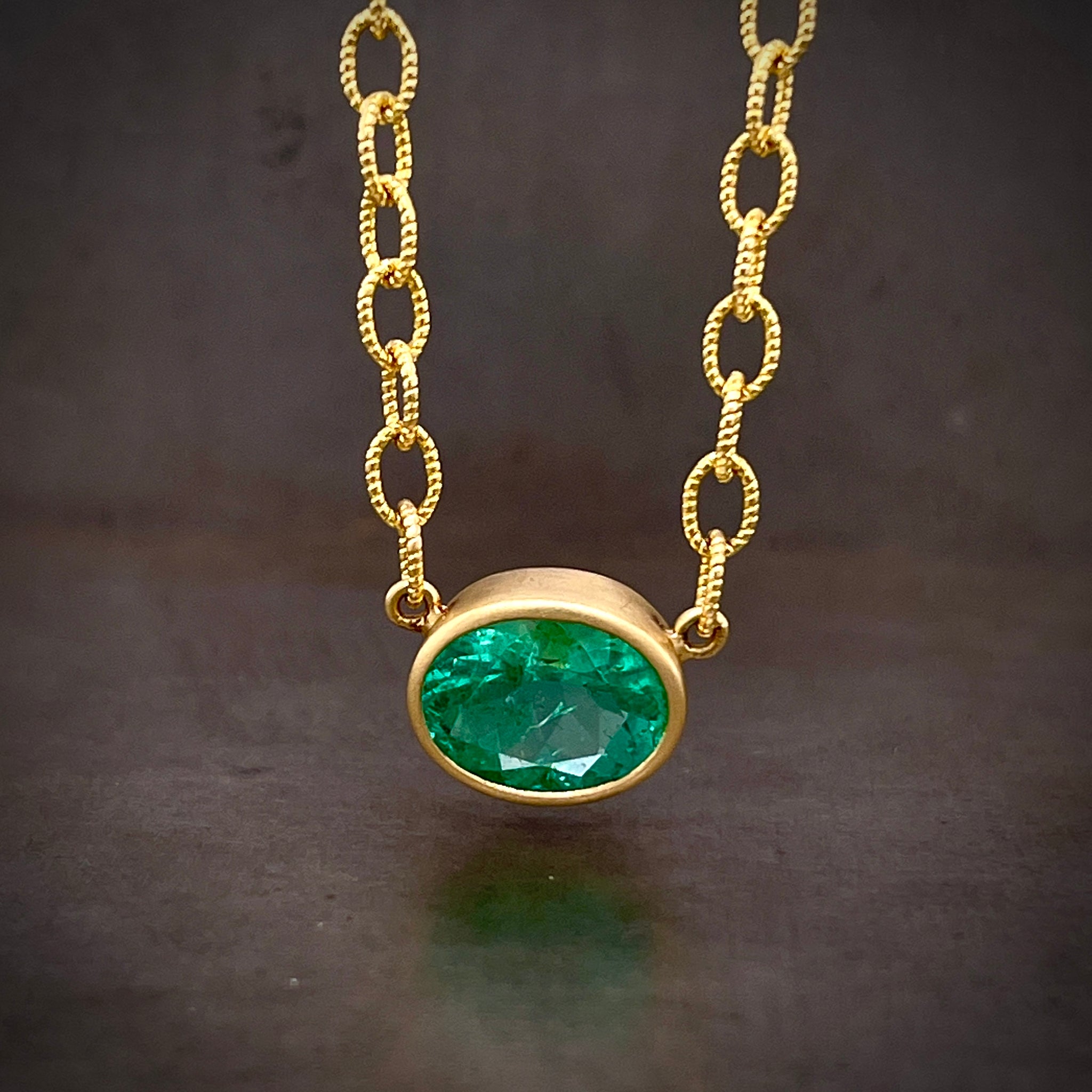 Front View of 18k Yellow Gold Emerald Necklace