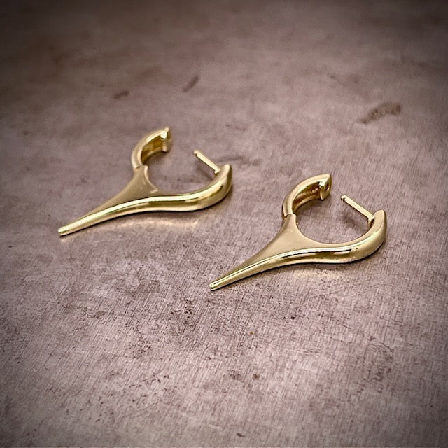Angled Side View of14K Yellow Gold Drop Earrings, With Earrings in Open Position