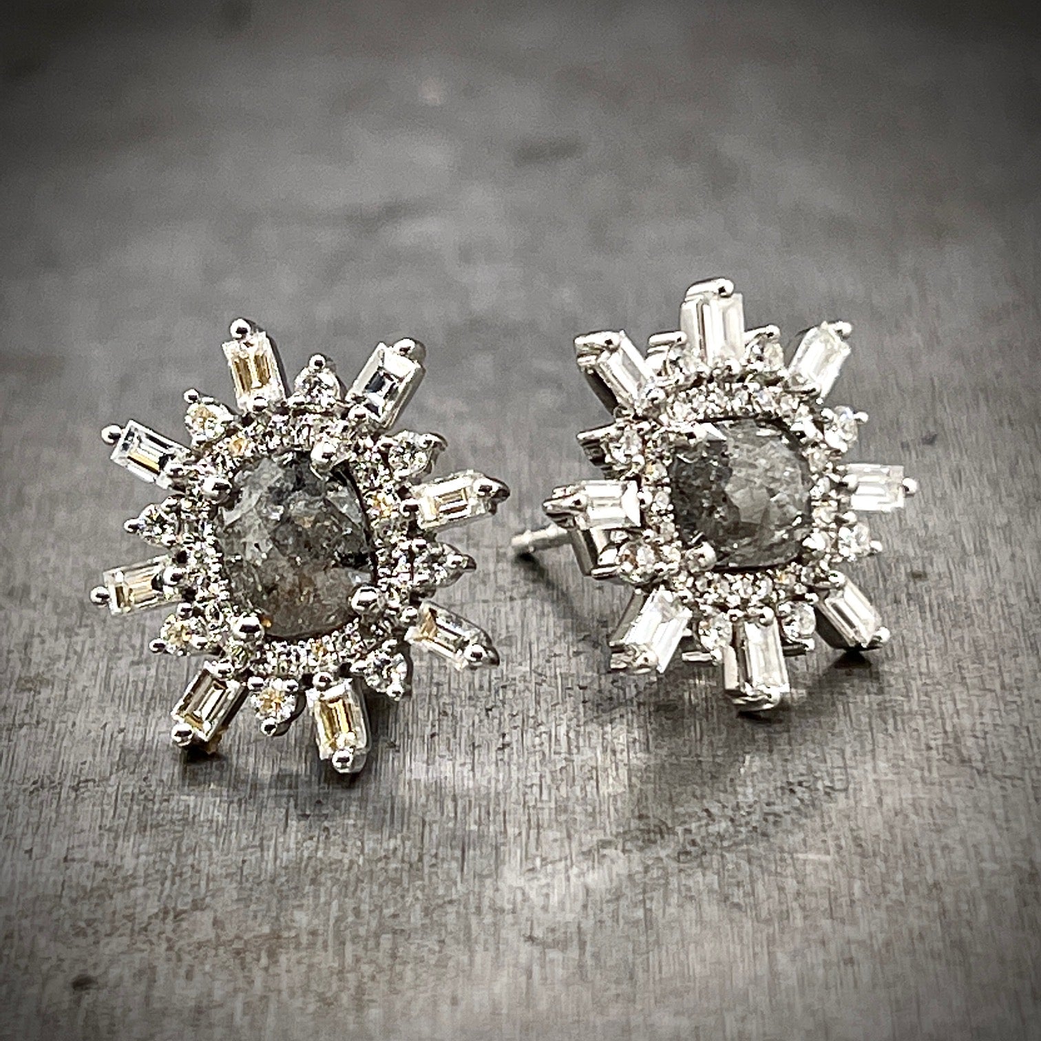 Angled view of Rose Cut Salt and Pepper Diamond Halo Studs