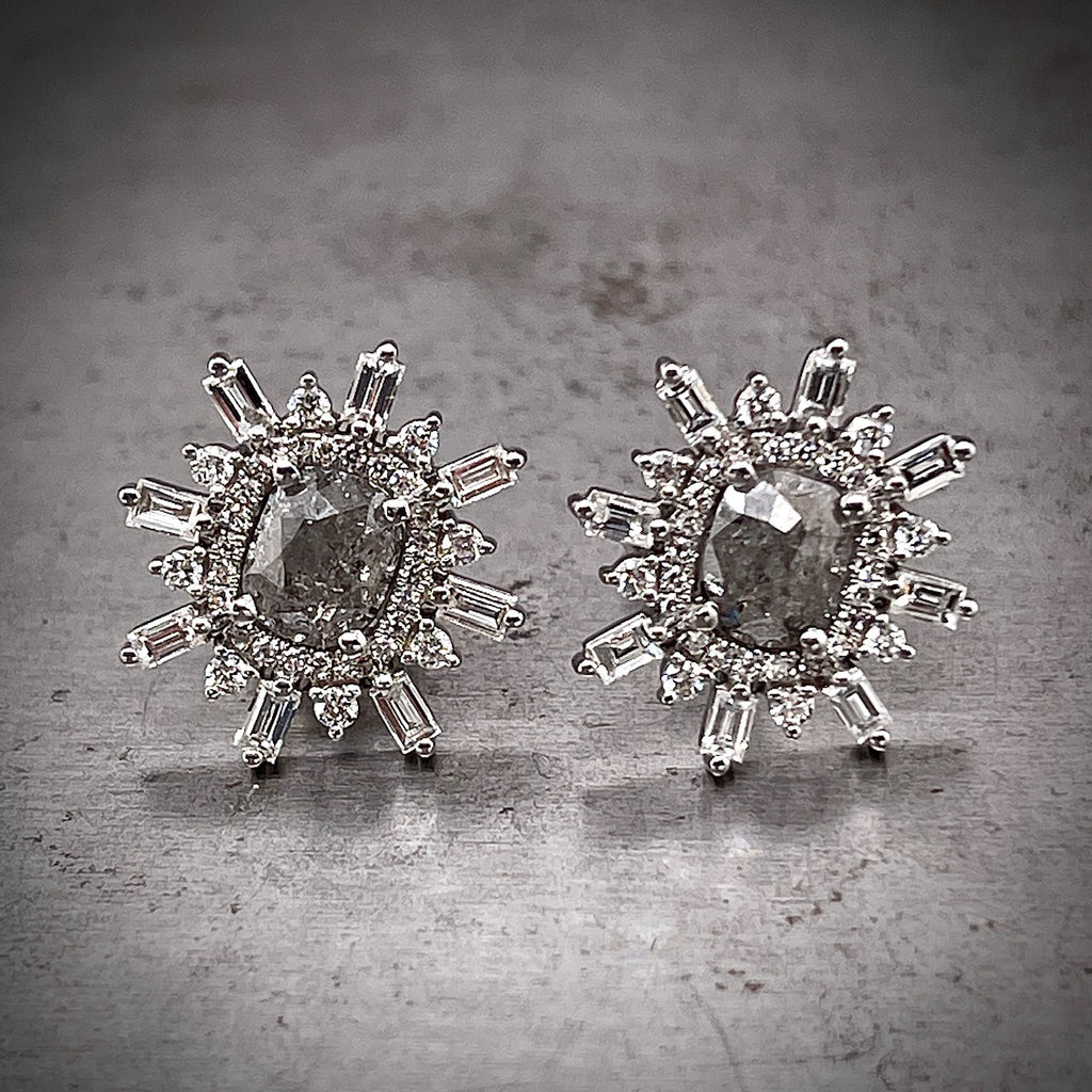 Front view of Rose Cut Salt and Pepper Diamond Halo Studs