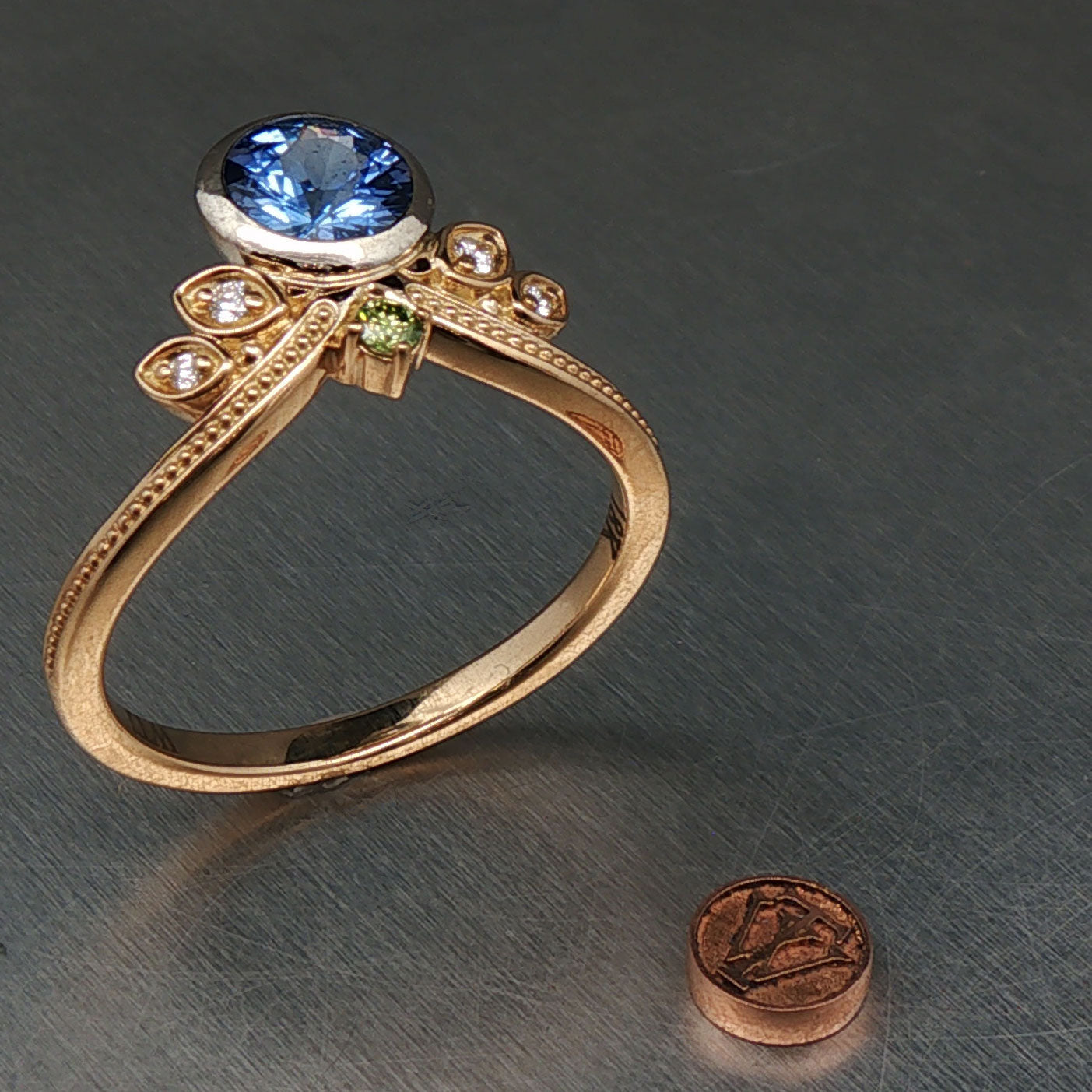 Chevron Petal Sapphire Green Diamond Ring