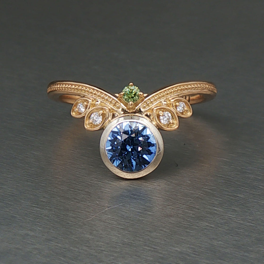 Chevron Petal Sapphire Green Diamond Ring
