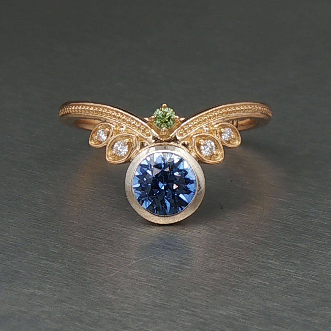 Chevron Petal Sapphire Green Diamond Ring