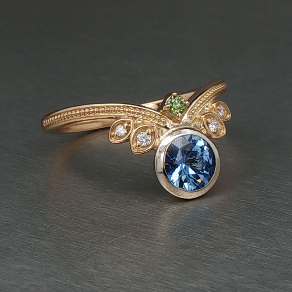 Chevron Petal Sapphire Green Diamond Ring