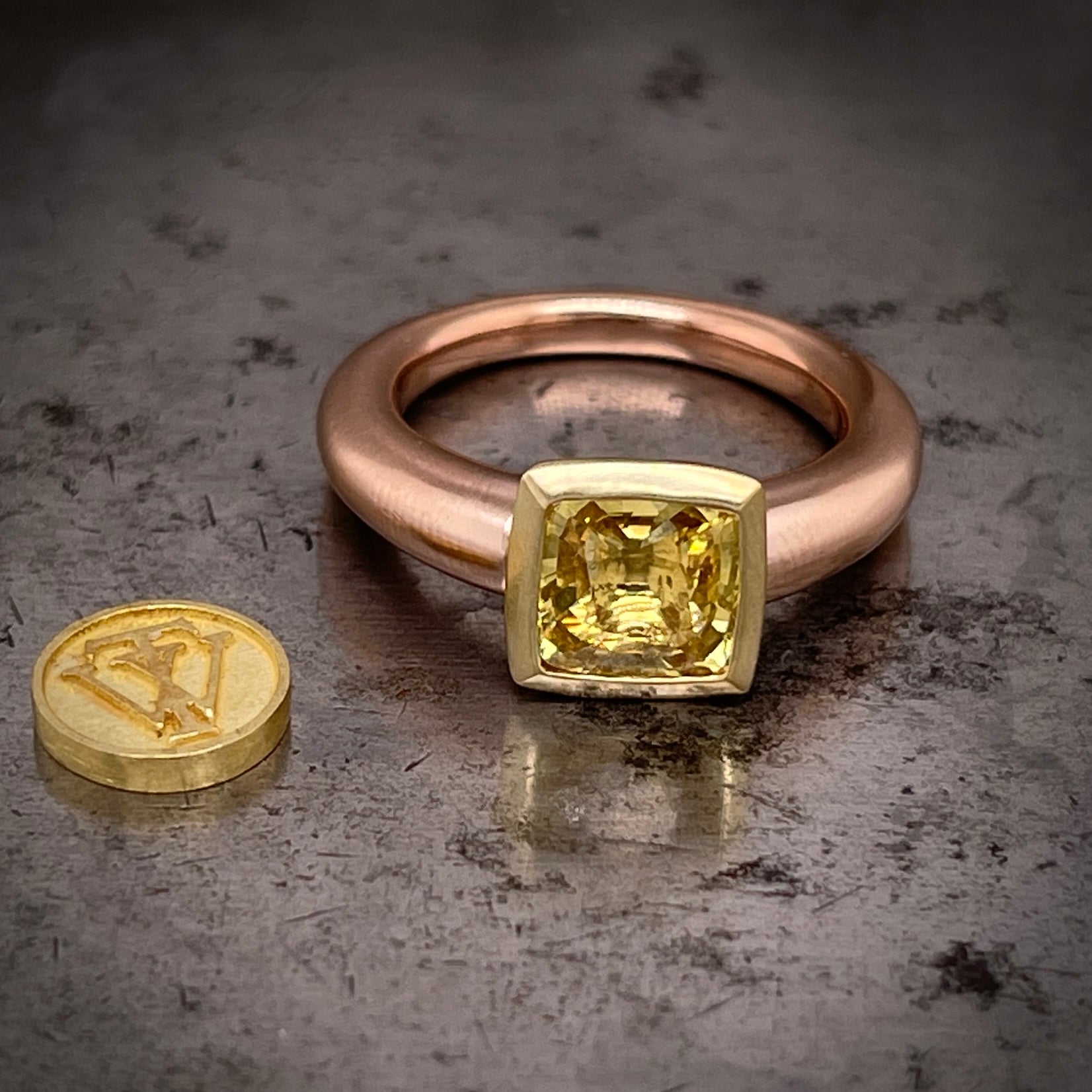 Front view of Yellow Sapphire 14k Rose Gold and 18K Yellow Gold Ring