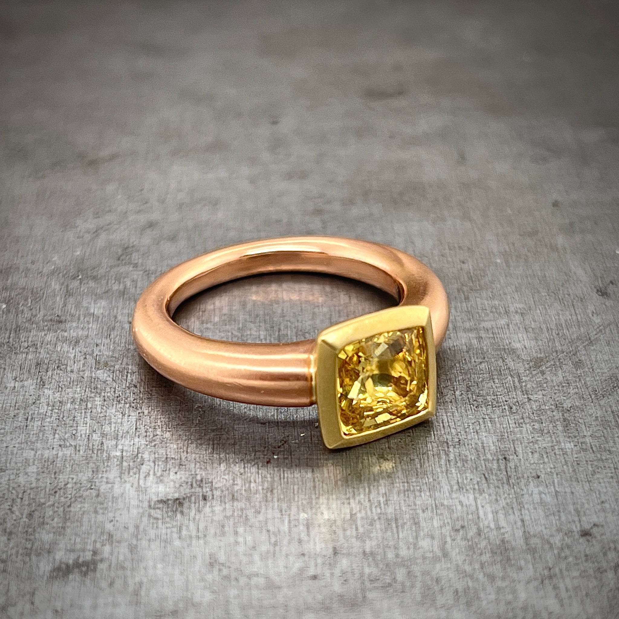 Angled View of Yellow Sapphire 14k Rose Gold and 18K Yellow Gold Ring