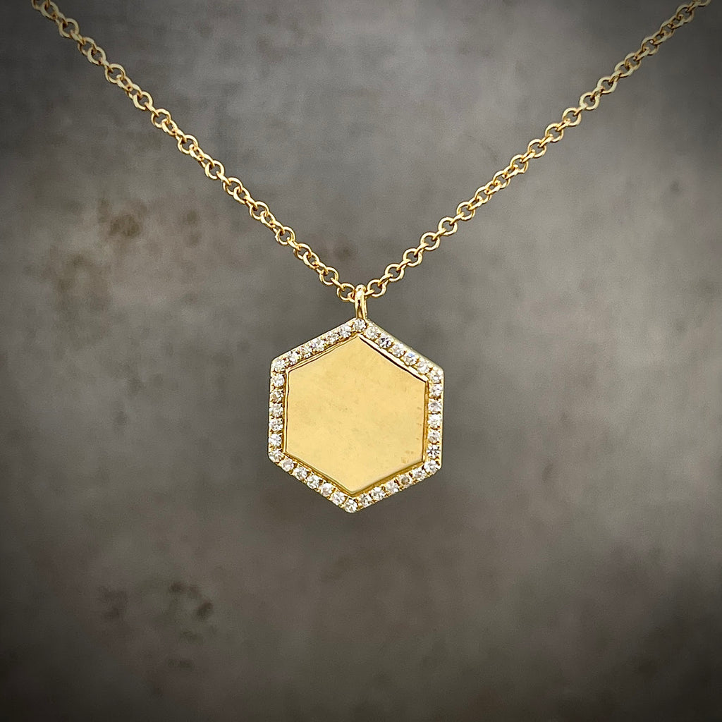 14k Yellow Gold and Diamond Hexagon Necklace