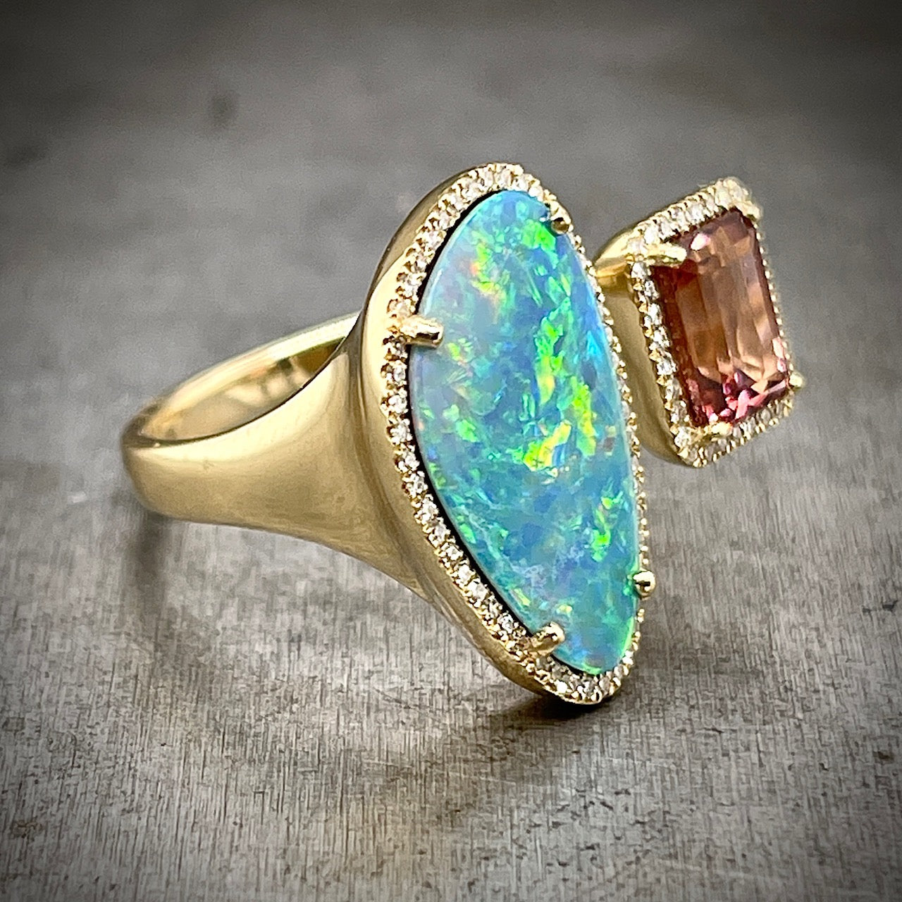 Angled View of 14k Opal and Pink Tourmaline Negative Space Ring