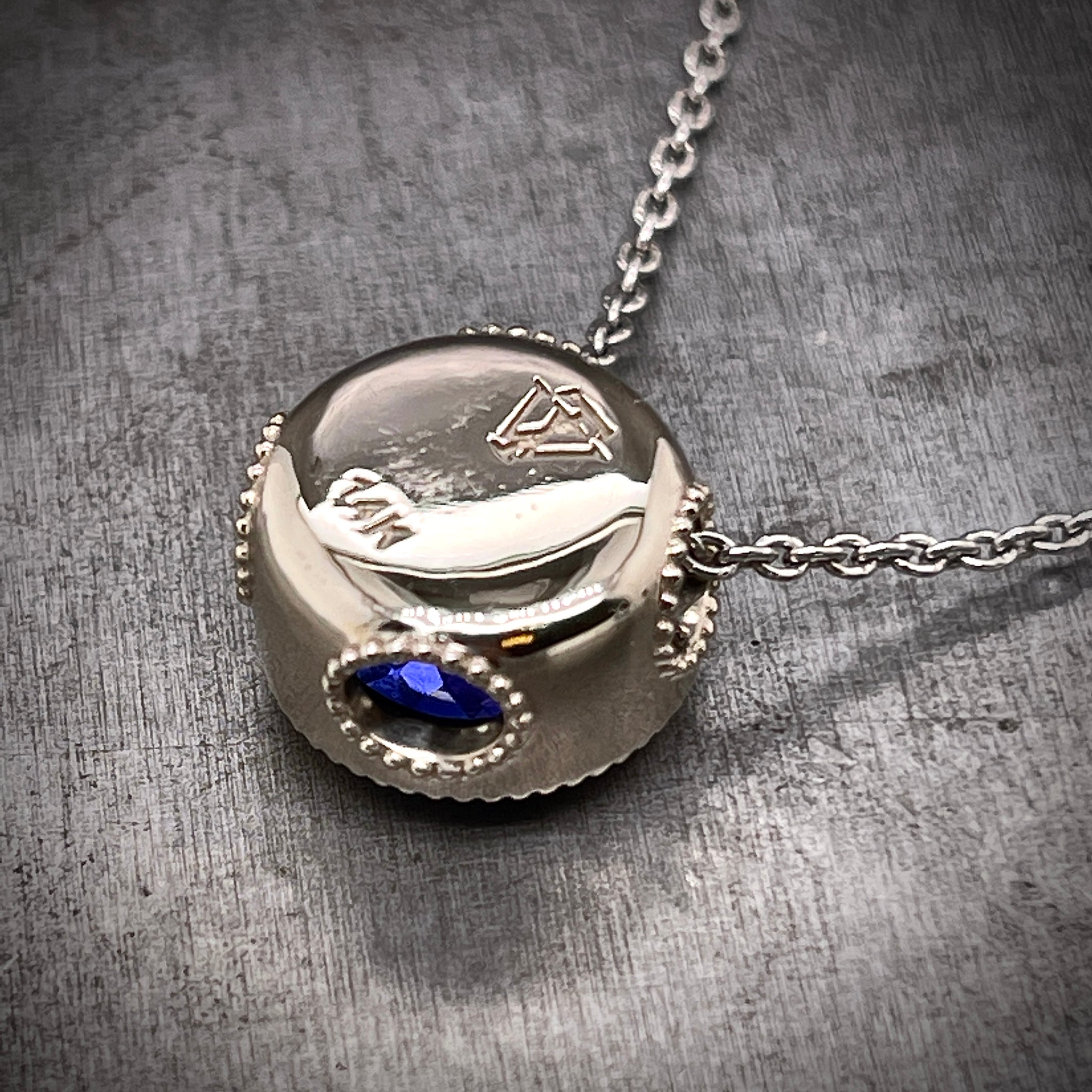 Rear View of 14K White Gold Tanzanite Necklace, showing WTJ Maker's Mark and and 14K Stamp