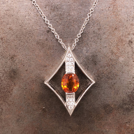 18K White Gold Orange Sapphire Pendant Necklace