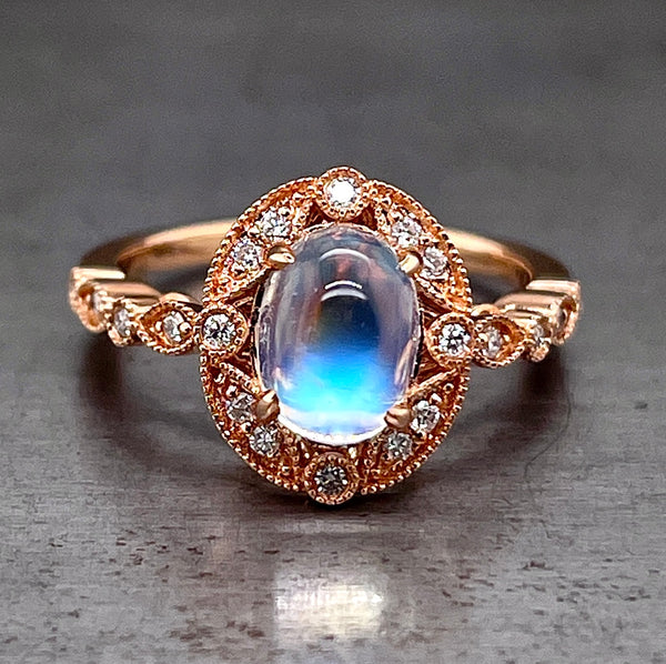 14k Rose Gold Ring With Moonstone, Size 55 (17.5mm) - Elegant Cocktail Jewelry