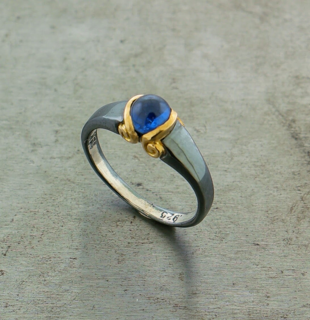 Sapphire Oxidized Sterling Silver 18k Yellow Gold Ring